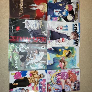 Lot Manga Ken'en tome 1, Mission Yozakura family tome 1, Luna kiss tome 3, Servamp tome 11, Undead unluck tome 1, Moriarty tome 1 et Jujutsu kaisen tome 13